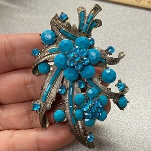 Vintage Silver Tone Blue Turquoise Rhinestone & Bead Floral Leaf Brooch Pin